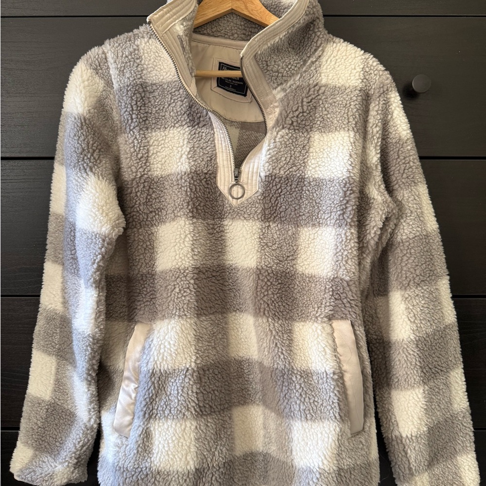 Abercrombie & Fitch Checkered Fleece Quarter-Zip Sweater - Gray and Cream
